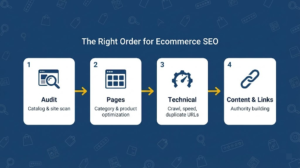 Four-step ecommerce SEO process diagram showing the order of work: catalog audit, category and product page optimization, technical fixes, then content and link building