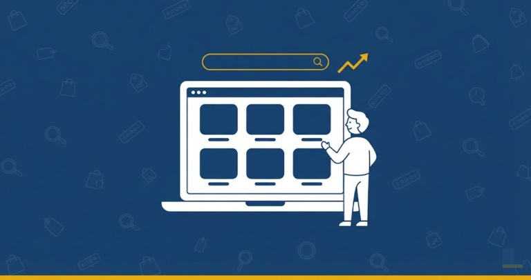 Illustration of a shopper reviewing an ecommerce product grid with a search bar and rising traffic line, representing ecommerce SEO services